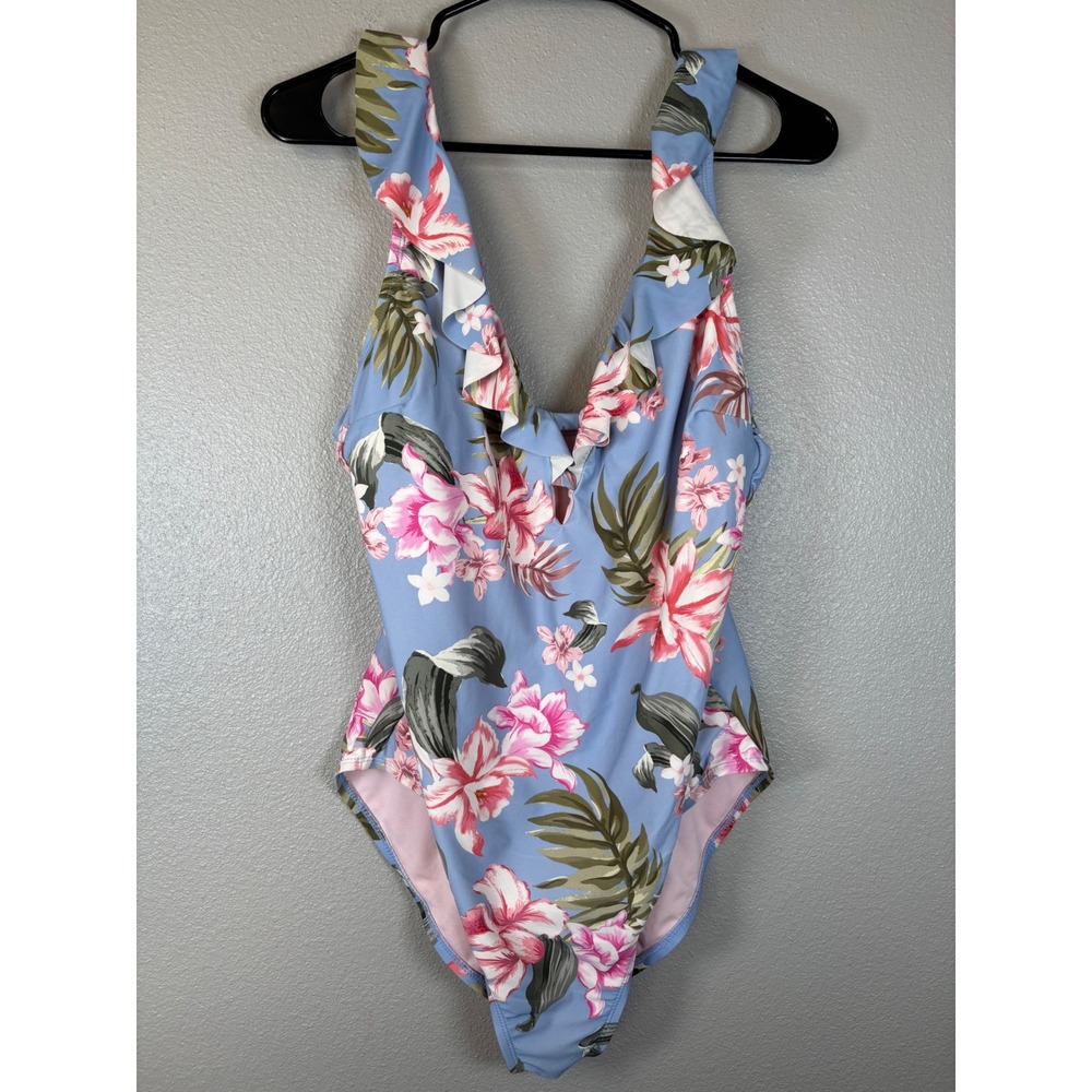 Kona Sol Womens XL‎ Blue Floral Ruffle V-Neck One Piece Swimsuit Tropical Pink